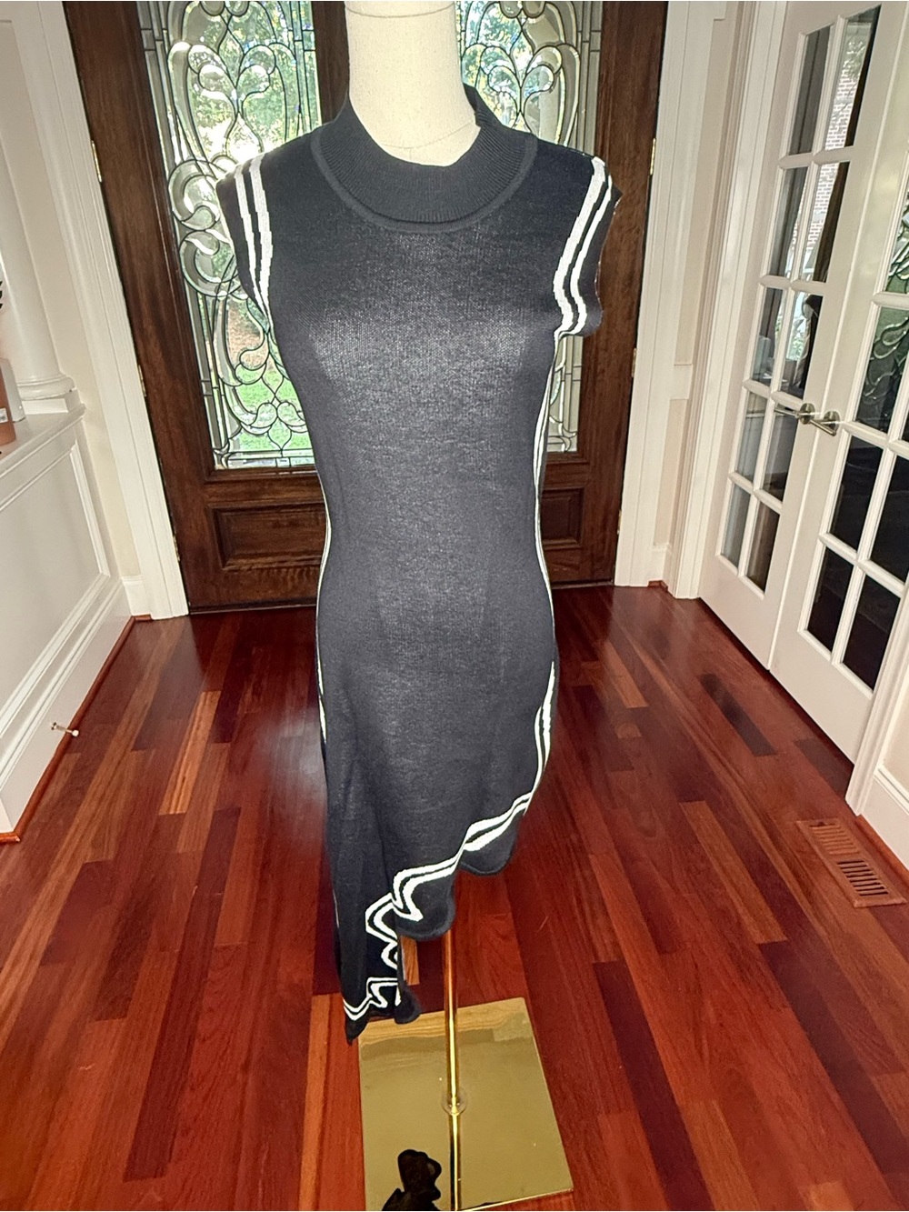 NWT Sleeveless Black Knit Dress With Asymmetrical Ruffle Hem L